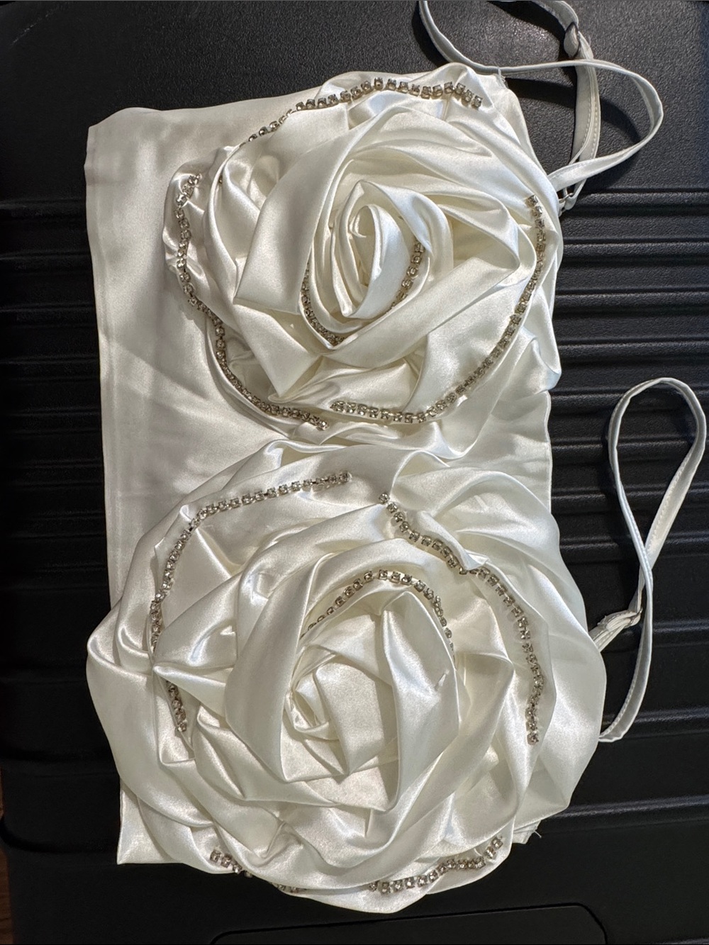 Hot & Delicious Ivory Satin Rose Appliqué Crop Top with Crystal Trim